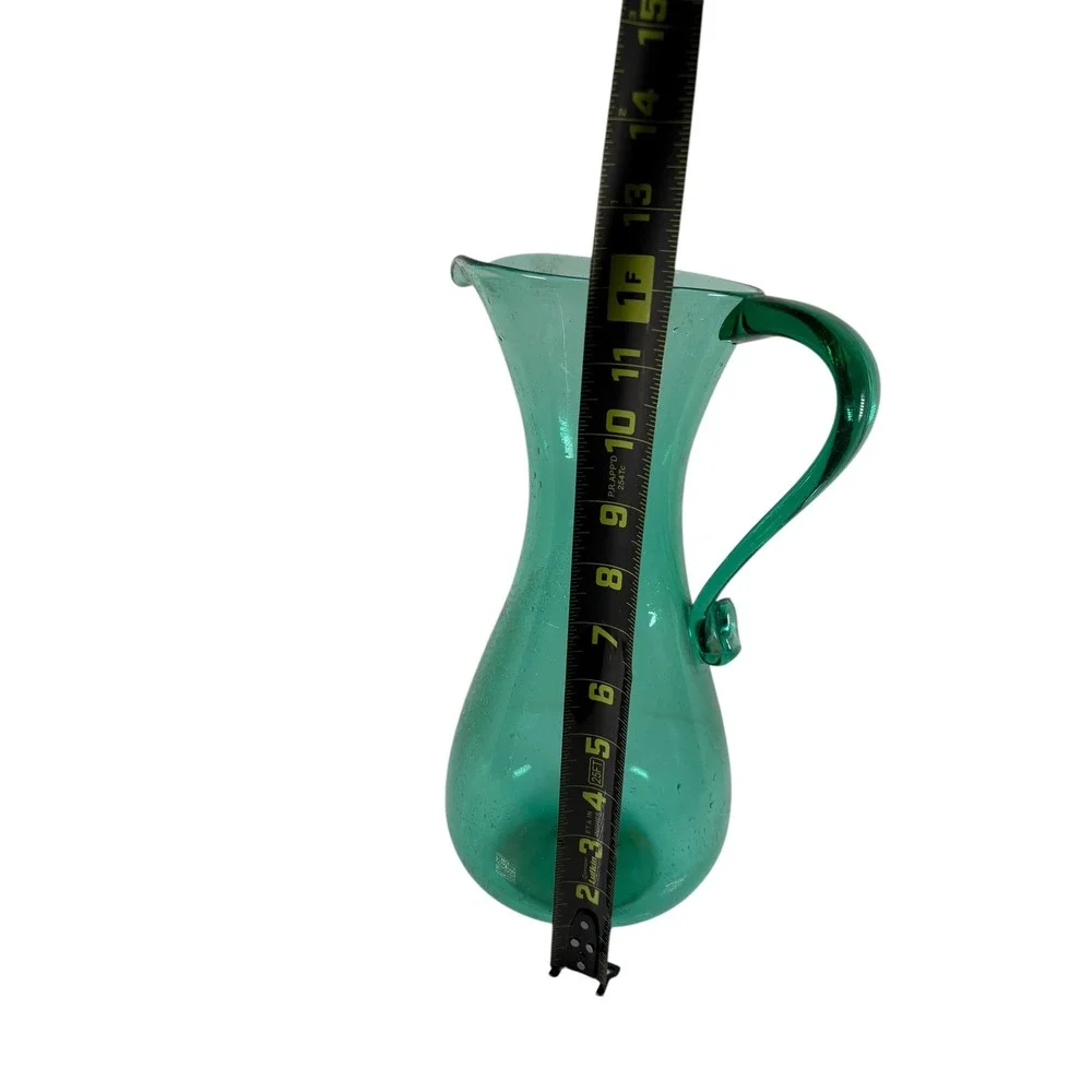 Unbranded Glass Pitcher Unisex 12.5in Teal Green Excellent Hand Blown Seeded MCM